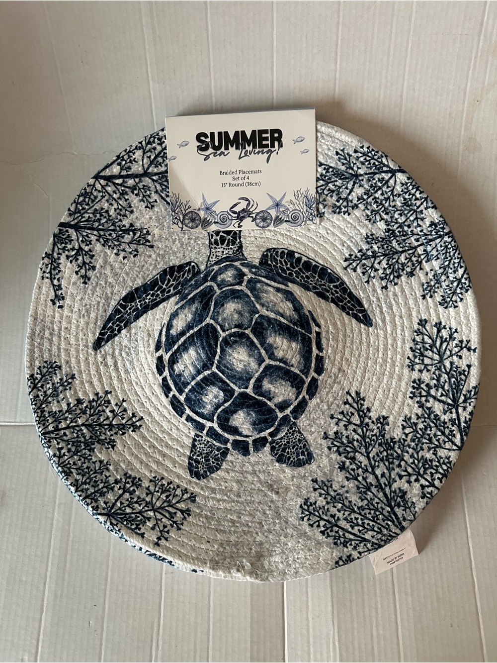 Sea Turtle Braided Placemats Set of 4 15" Round Coastal Nautical Summer New